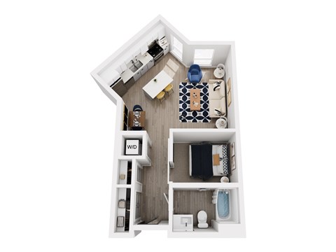 A top down view of a small apartment with a kitchen, living room, and bathroom.